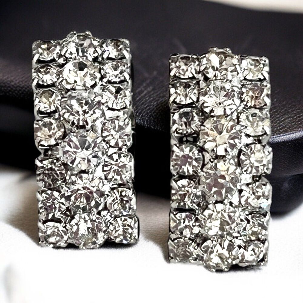 Vintage 1960s Clip On Earrings Silver Tone Clear Rhinestone Rectangle - 13P